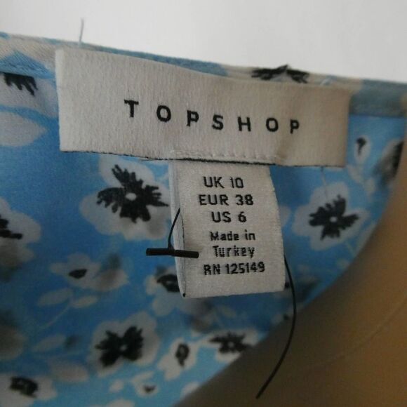 Topshop Floral Button Up Blouse Bubble Sleeve Ruffle Tie Neck Top Blue White - Picture 7 of 10
